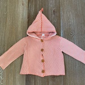 Stem sweet peach and white striped hooded sweater. Precious! Sz 18 mo.